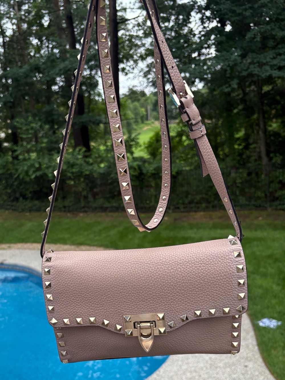 Tan Valentino Garivani Small Rockstud Calfskin Crossbody Bag - Picture 13 of 15